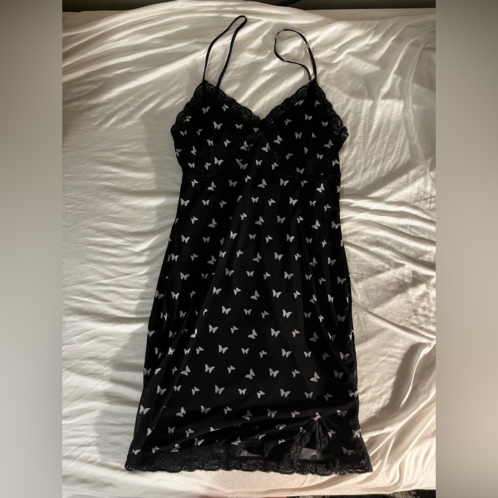 black and white butterfly patterned dress